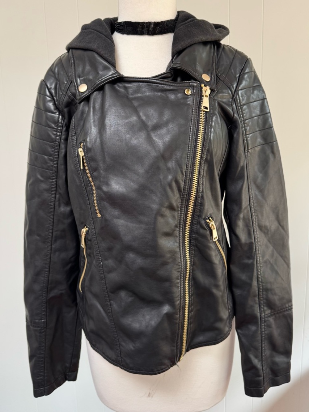 🔥Free People We The Free Harriett Black Vegan Leather Hooded Moto Jacket *Tear* - Picture 2 of 15